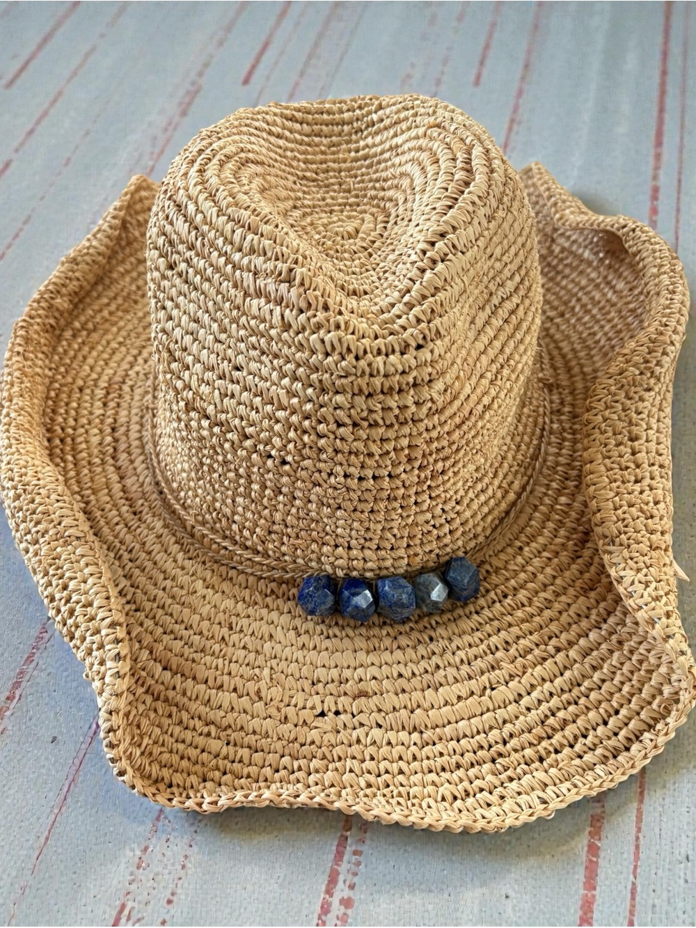 Flora Bella Woven Mona Cowboy Sun Hat with Blue Bead Accent